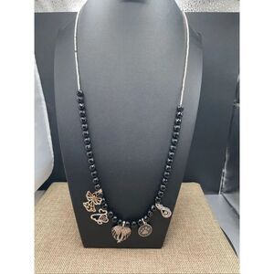 Black Faceted Bead Charm Necklace with Angel Wings, Heart, Paw Print & Butterfly